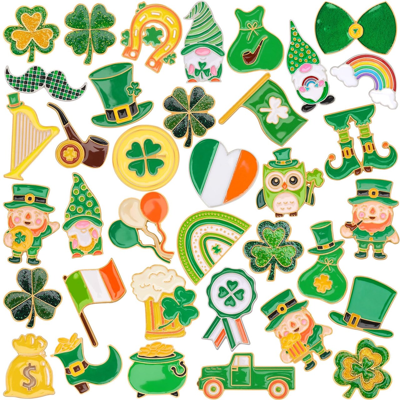 36 PCS St. Patrick's Day Enamel Pins Irish Shamrock Lapel Brooch Pins Green Clover Coins Horseshoe Badges Buttons for Clothes Bags Backpack Jewelry Hat Jacket Decoration